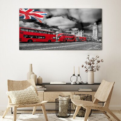 Obraz na Szkle Czerwone autobusy Londynu z flagą UK