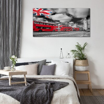 Obraz na Szkle Czerwone autobusy Londynu z flagą UK