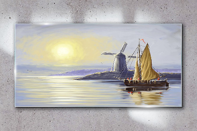 Obraz na Szkle morze statek młyn słońce