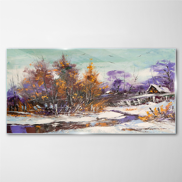 Obraz na Szkle zima śnieg drzewa chaty rzeka