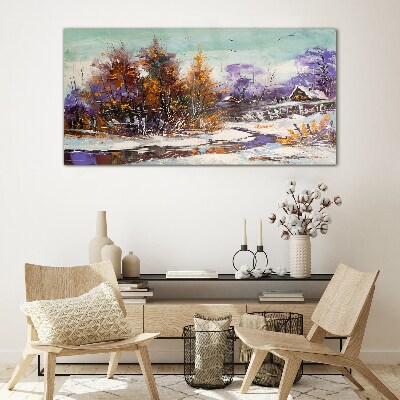 Obraz na Szkle zima śnieg drzewa chaty rzeka