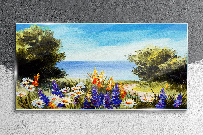 Obraz Szklany kwiaty drzewa morze niebo