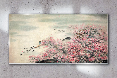 Obraz Szklany Drzewo Kwiaty Kaczki