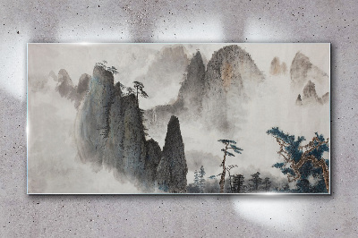 Obraz na Szkle Nowoczesny Góry Mgła Drzewa