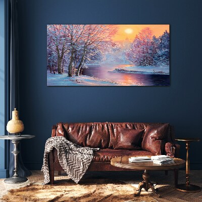 Obraz na Szkle zima rzeka drzewa słońce