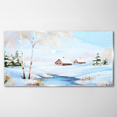 Obraz na Szkle Zima Śnieg Chaty Drzewa