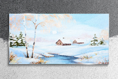 Obraz na Szkle Zima Śnieg Chaty Drzewa