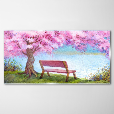 Obraz Szklany ławka drzewo kwiaty woda