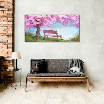 Obraz Szklany ławka drzewo kwiaty woda