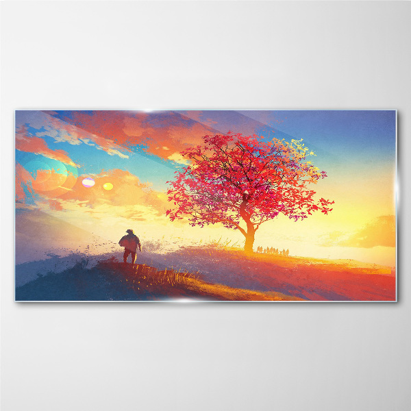 Obraz Szklany wzgórze drzewo zachód słońca