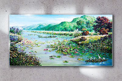 Obraz na Szkle rzeka drzewa kwiaty wzgórza