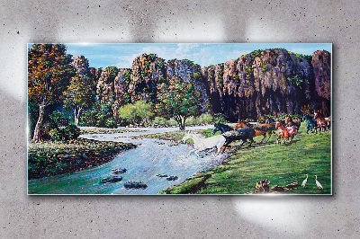 Obraz Szklany góry konie rzeka drzewa