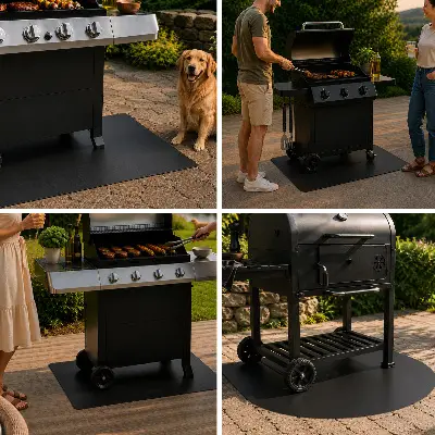 Metalowa mata ochronna pod grill w kształcie ćwierć koła o wymiarach 100x100 cm