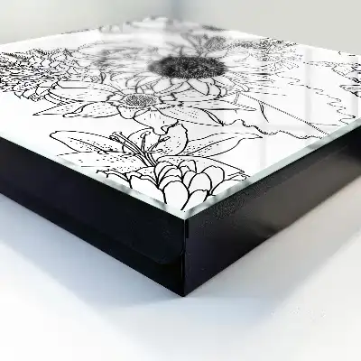 Wisząca szafka na klucze z motywem czarno-białych kwiatów line art