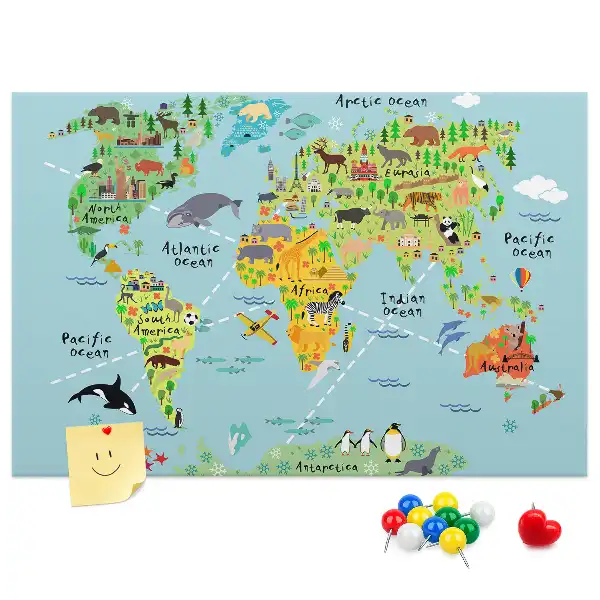 Tablica korkowa ozdobna Mapa świata ze zwierzętami