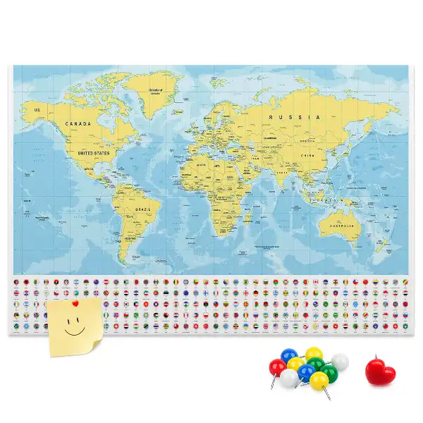 Tablica korkowa dla dzieci Mapa świata i flagi