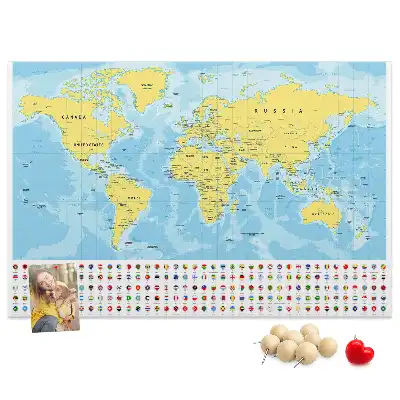 Tablica korkowa dla dzieci Mapa świata i flagi