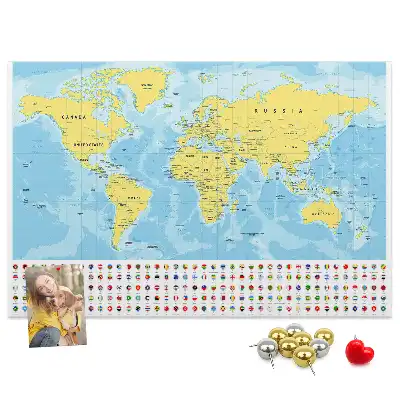 Tablica korkowa dla dzieci Mapa świata i flagi