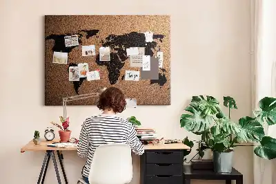 Ozdobna tablica korkowa z minimalistycznym zarysem kontynentów